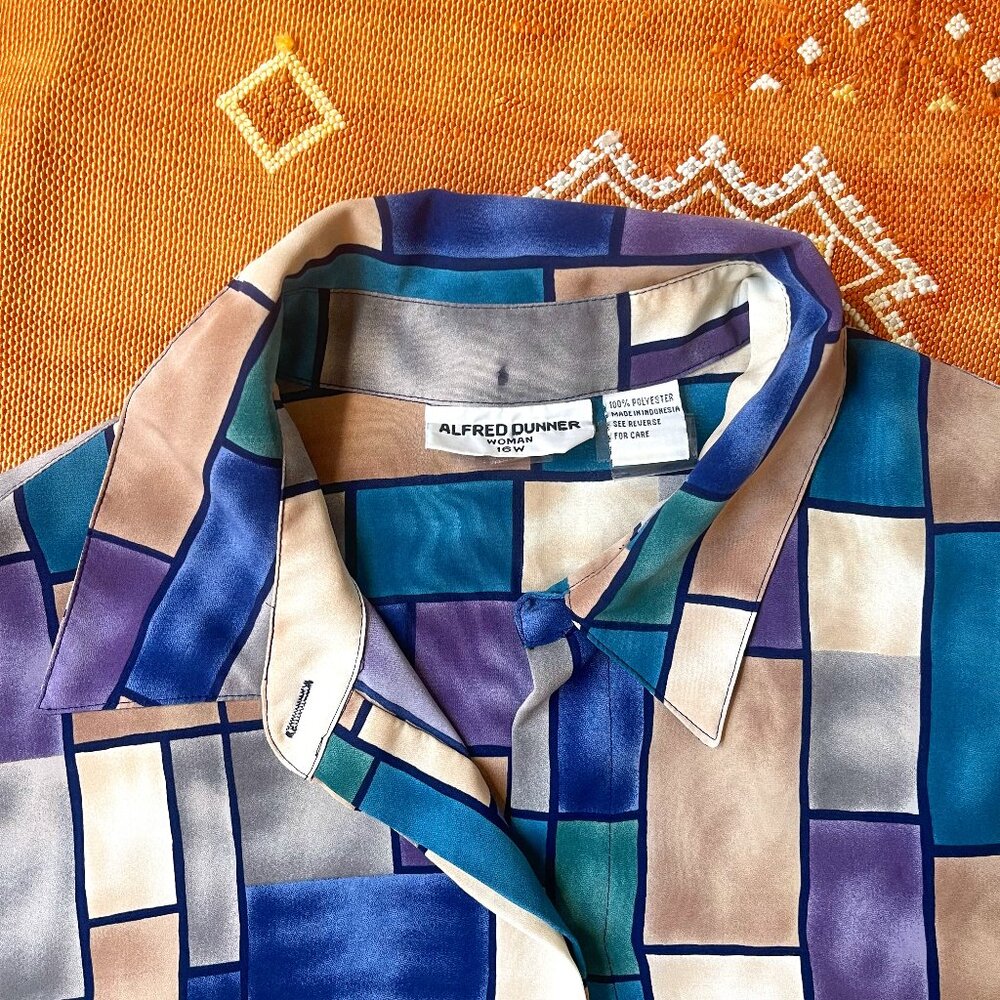 Alfred Dunner Vintage Abstract Geometric Blouse – Long Sleeve Satin Feel, Size 1